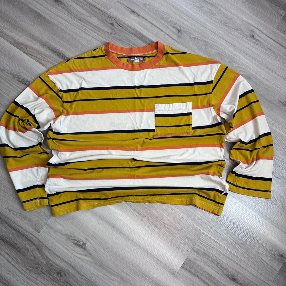 Urban Outfitters Striped Long Sleeve Tee M Yellow Pocket Cotton Unisex